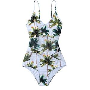 Riversong Backless One Piece Coconut Tropical Palm Tree Swimsuit White SZ XL